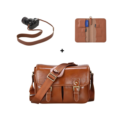 SnapRig Premium Leather Camera Kit – DSLR & Mirrorless Camera Bag, Leather Strap & SD Card Holder Bundle